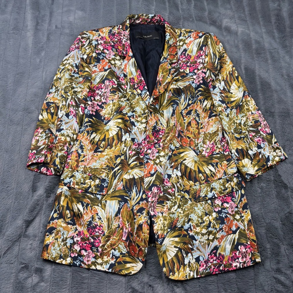 Zara Basic Womens XL Tropical Floral Blazer Multicolor 3/4 Sleeve Longline Coat